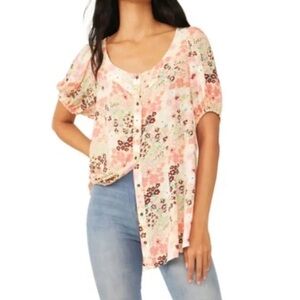 Free People Callie Printed Button Down Tunic Women‎ XS Floral Retro Boho Cottage
